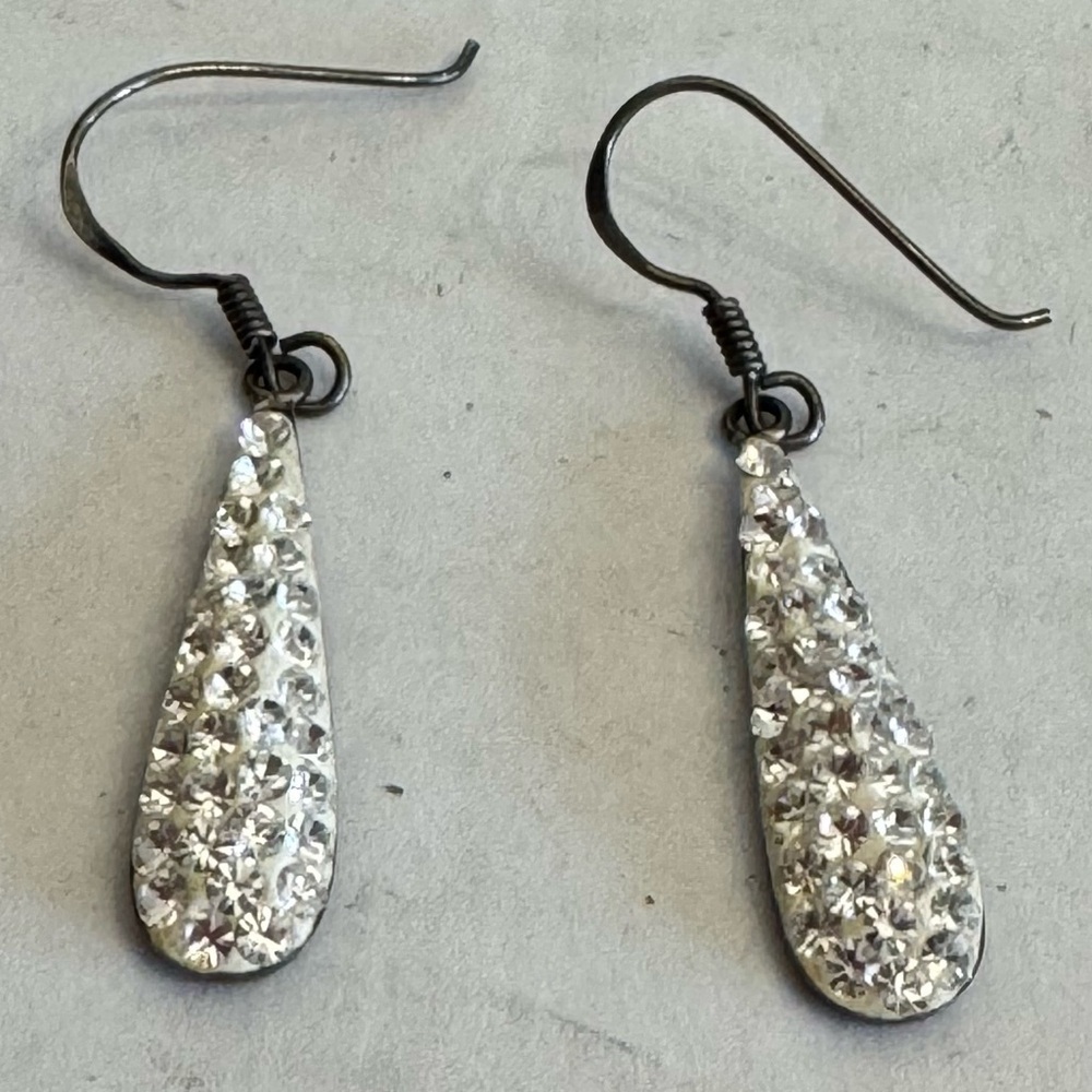 925 Sterling Silver Vintage Crystal Inset Dangle Drop Hook Earrings Teardrop